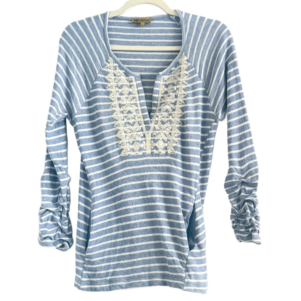 🌼 Democracy Light Blue and White Striped Top with Embroidery Small